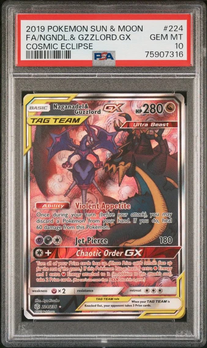 2019 #224 Full Art/Naganadel & Guzzlord GX PSA 10 Sun & Moon Cosmic Eclipse Pokemon