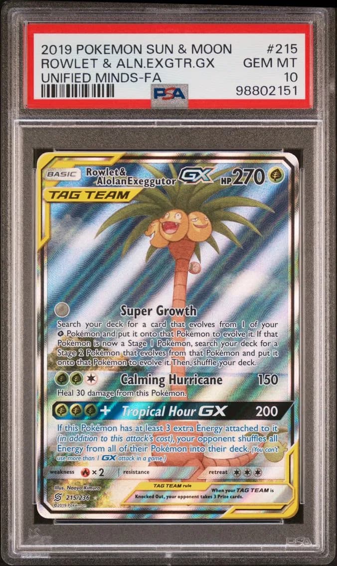 2019 #215 Full Art/Rowlet & Alolan Exeggutor GX PSA 10 Sun & Moon Unified Minds Pokemon