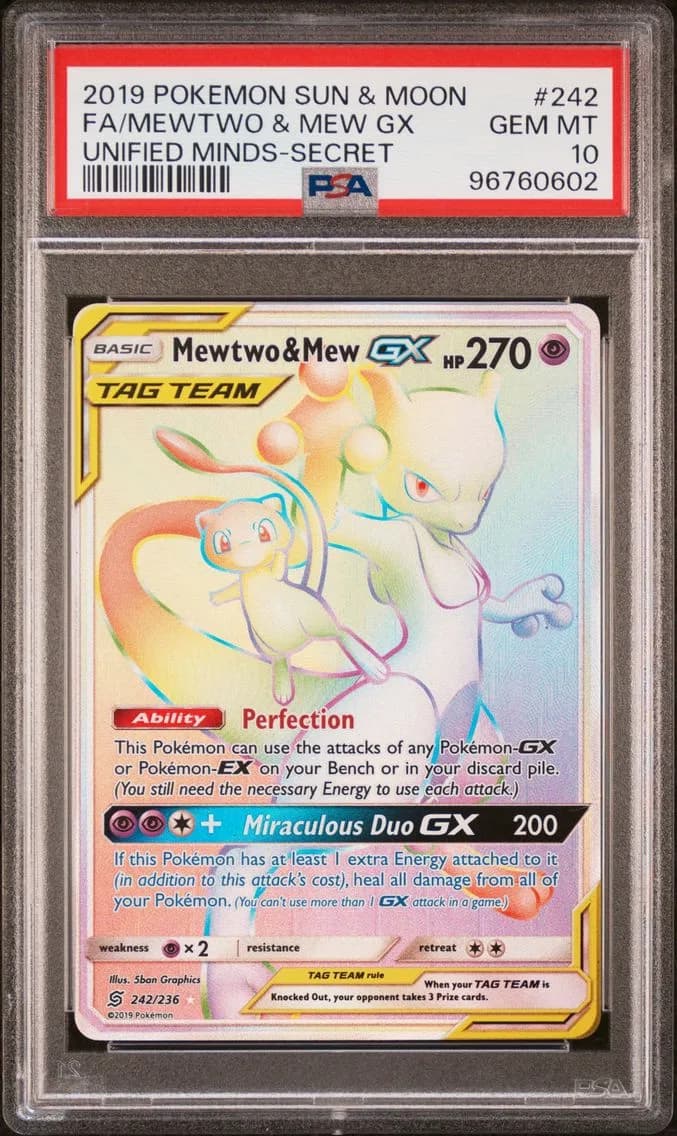 2019 #242 Full Art/Mewtwo & Mew GX PSA 10 Sun & Moon Unified Minds