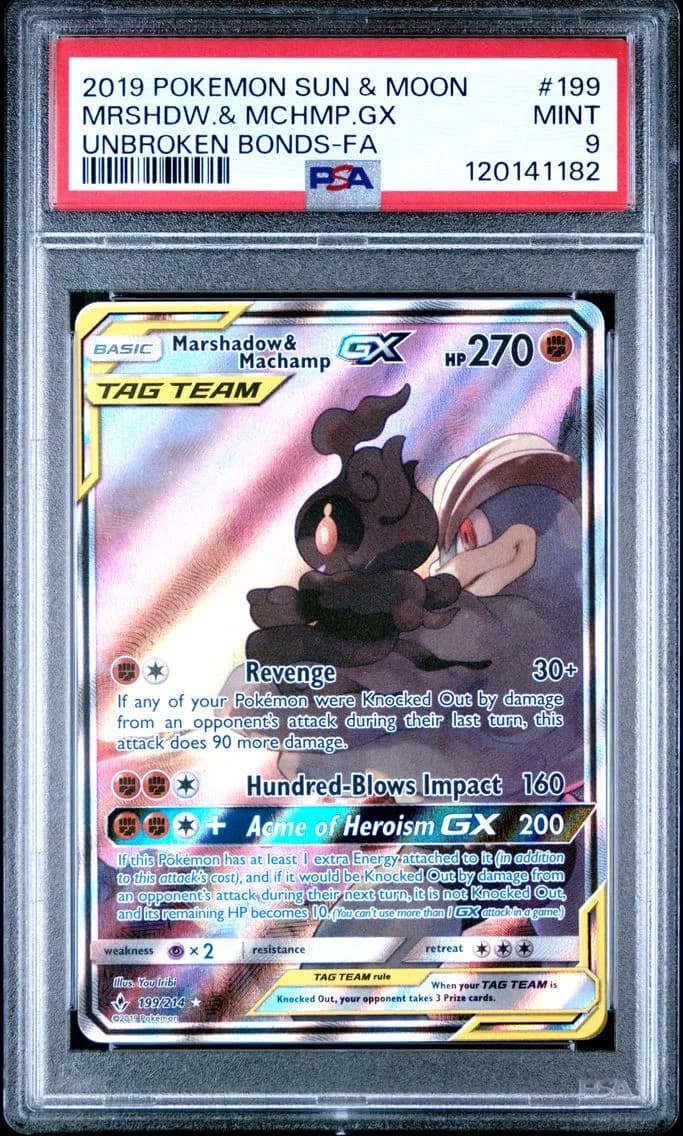 2019 #199 Full Art/Marshadow & Machamp GX PSA 9 Sun & Moon Unbroken Bonds Pokemon