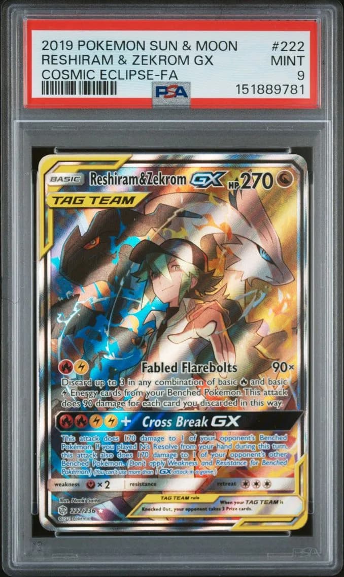 2019 #222 Full Art/Reshiram & Zekrom GX PSA 9 Sun & Moon Cosmic Eclipse Pokemon