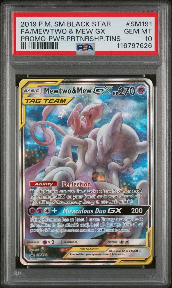 2019 #SM191 Full Art/Mewtwo & Mew GX PSA 10 SM Black Star Promo