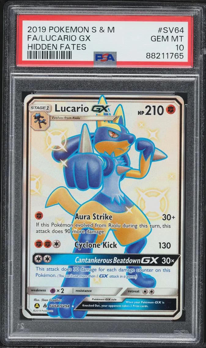 2019 #SV64 Full Art/Lucario GX PSA 10 Sun & Moon Hidden Fates Pokemon