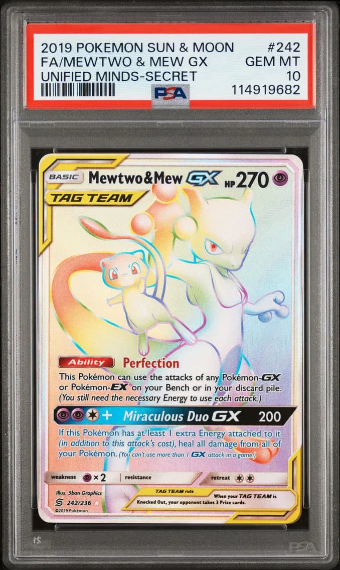 2019 #242 Full Art/Mewtwo & Mew GX PSA 10 Sun & Moon Unified Minds