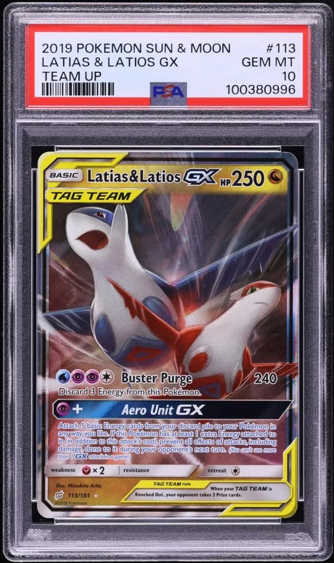 2019 #113 Latias & Latios GX PSA 10 Pokemon Sun & Moon Team Up Holo