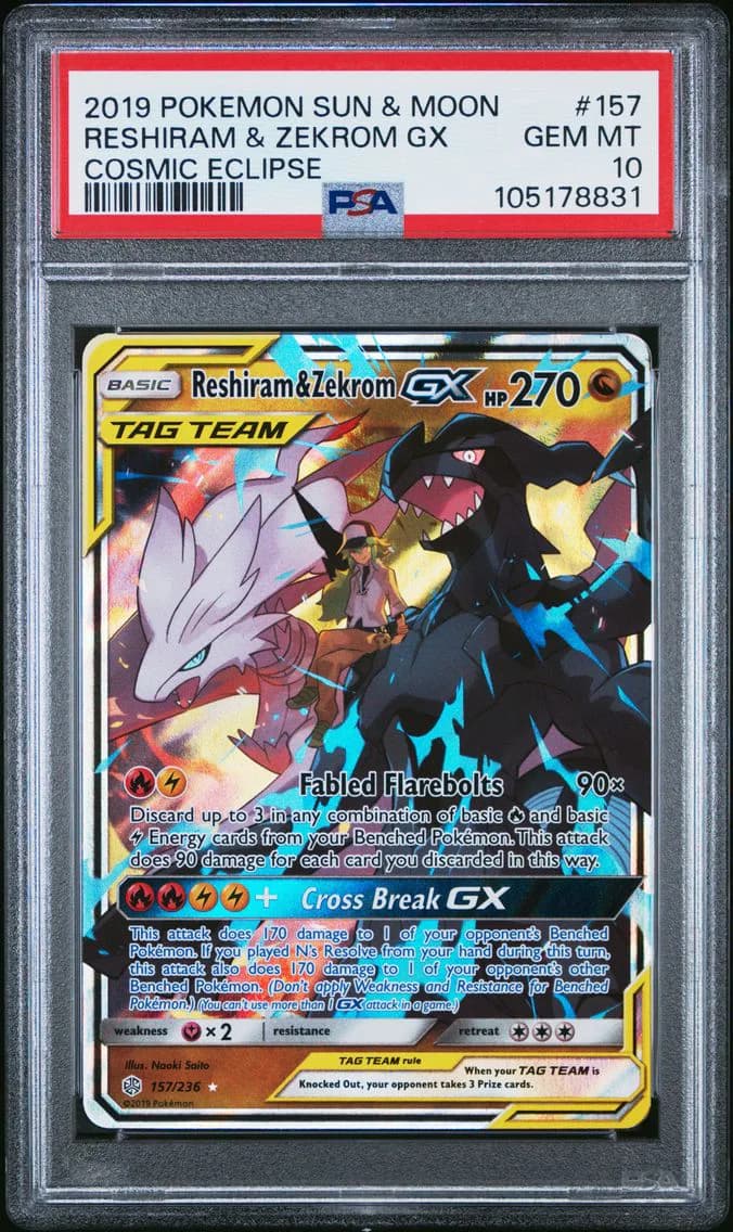 2019 #157 Reshiram & Zekrom GX PSA 10 Sun & Moon Cosmic Eclipse
