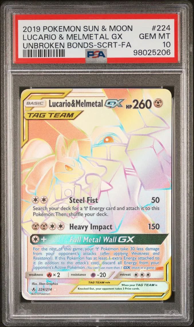 2019 #224 Full Art/Lucario & Melmetal GX PSA 10 Sun & Moon Unbroken Bonds Pokemon