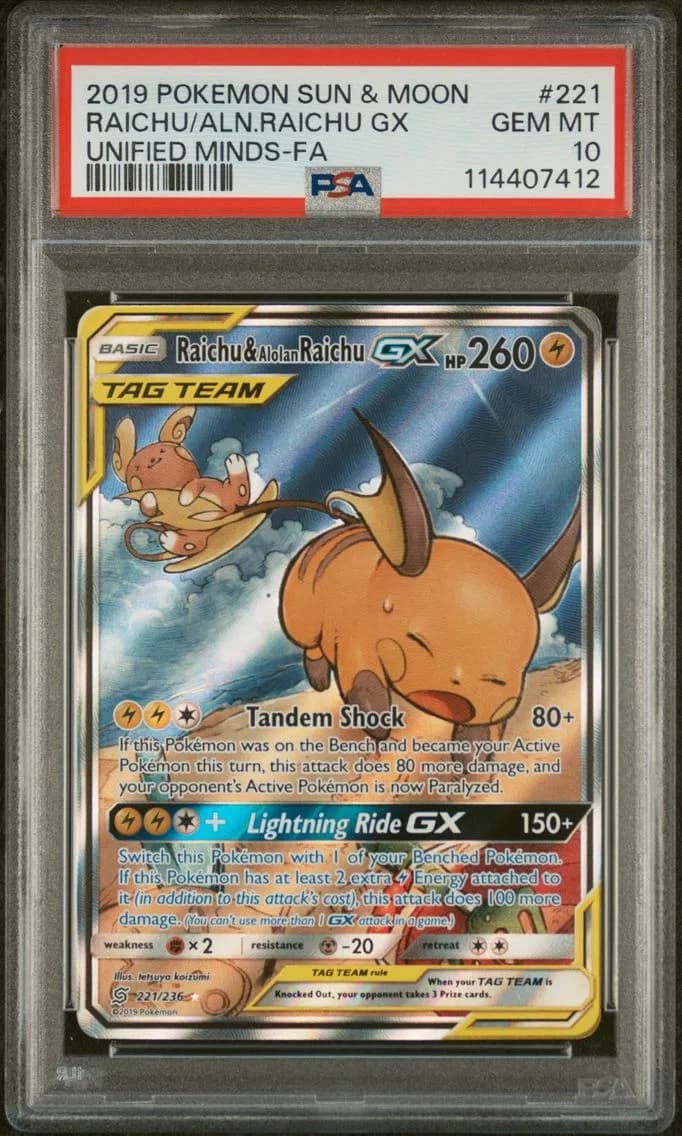2019 #221 Full Art/Raichu & Alolan Raichu GX PSA 10 Sun & Moon Unified Minds Pokemon