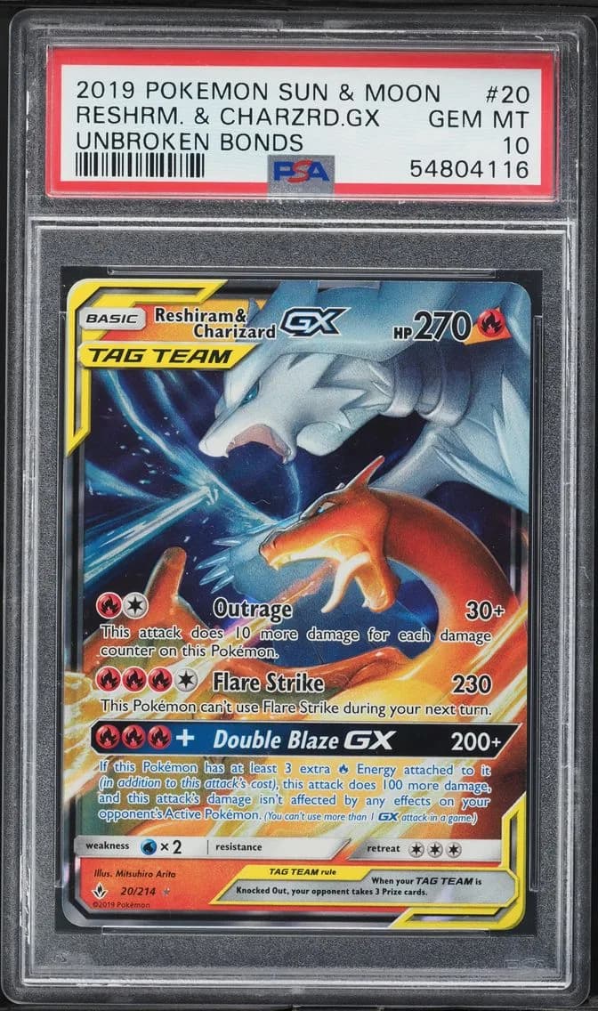 2019 #20 Reshiram & Charizard GX PSA 10 Sun & Moon Unbroken Bonds Pokemon