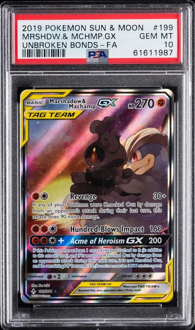 2019 #199 Full Art/Marshadow & Machamp GX PSA 10 Sun & Moon Unbroken Bonds Pokemon