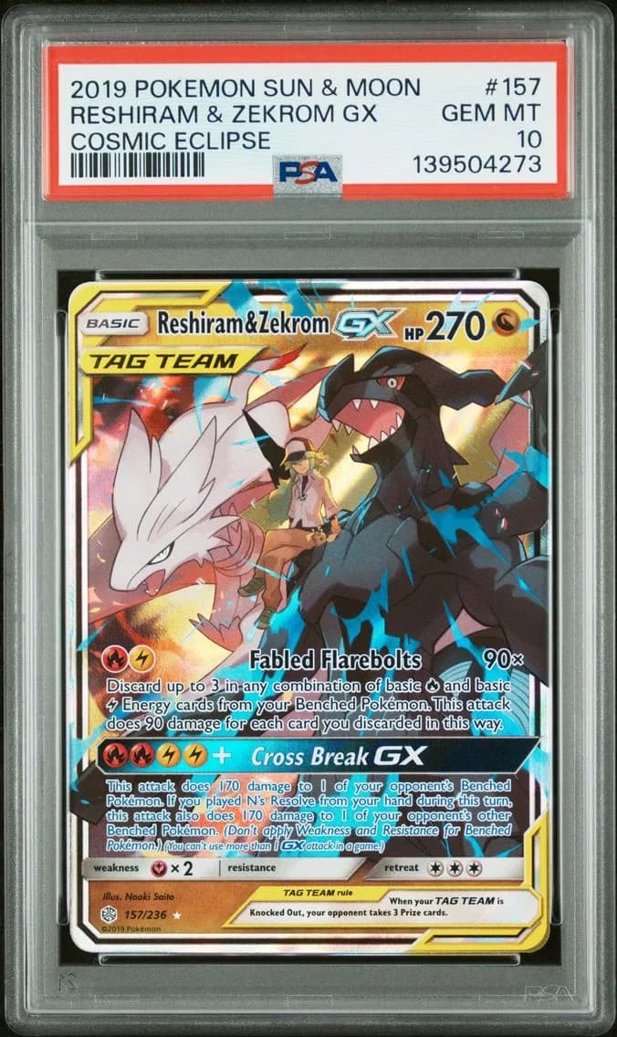 2019 #157 Reshiram & Zekrom GX PSA 10 Sun & Moon Cosmic Eclipse