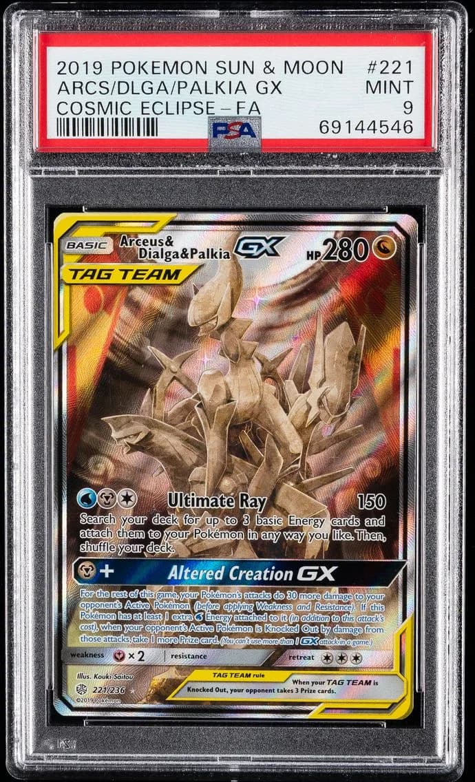 2019 #221 Full Art/Arceus & Dialga & Palkia GX PSA 9 Sun & Moon Cosmic Eclipse Pokemon