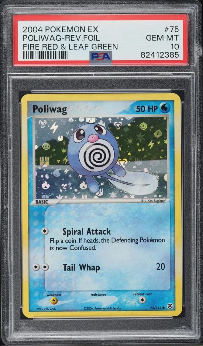 2004 #75 EX FIRE RED & LEAF GREEN REVERSE HOLO POLIWAG PSA 10 POKEMON