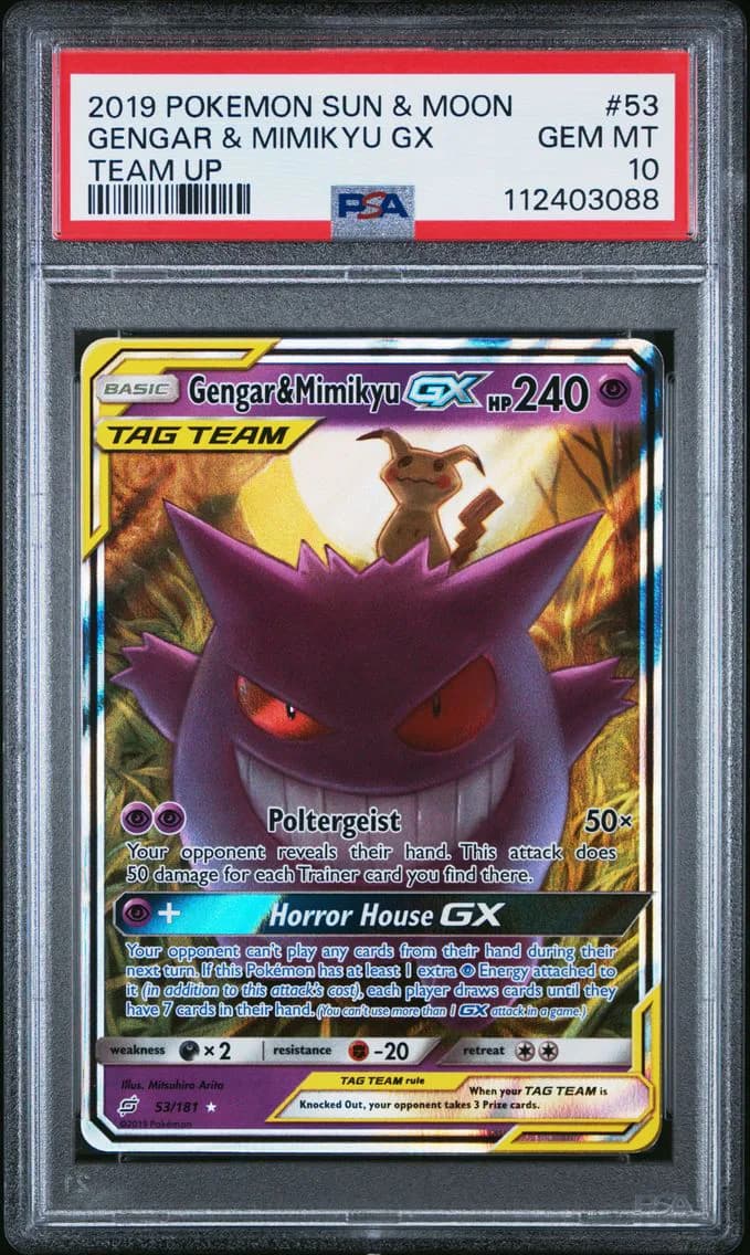 2019 #53 Gengar & Mimikyu GX PSA 10 Sun & Moon Team Up Pokemon