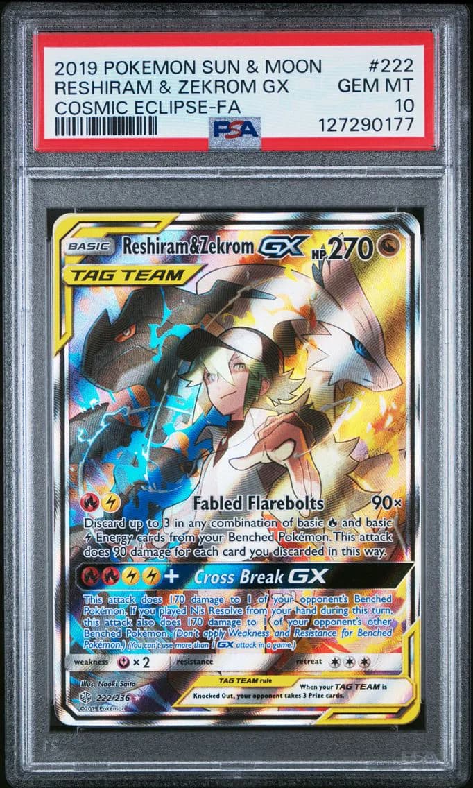 2019 #222 Full Art/Reshiram & Zekrom GX PSA 10 Sun & Moon Cosmic Eclipse