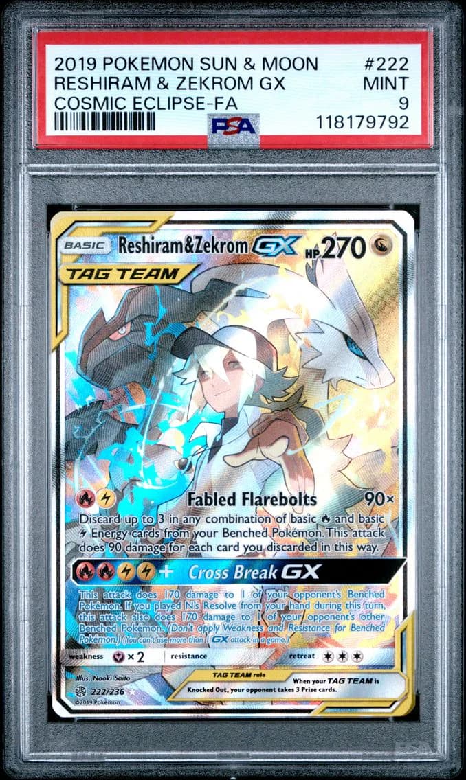 2019 #222 Full Art/Reshiram & Zekrom GX PSA 9 Sun & Moon Cosmic Eclipse Pokemon