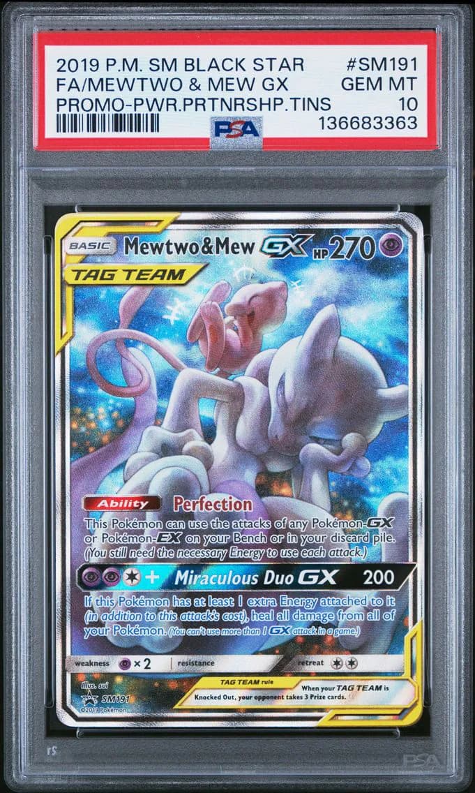 2019 #SM191 Full Art/Mewtwo & Mew GX PSA 10 SM Black Star Promo