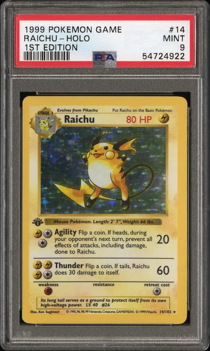 1999 #14 Raichu-Holo 1st Edition PSA 9 Game Pokemon