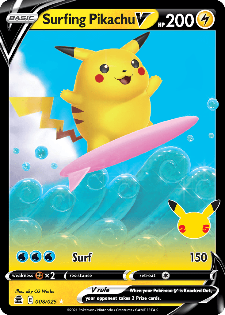 Surfing Pikachu V printed card
